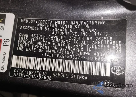 2014 Toyota Camry Le из США, поврежденный, VIN 4T4BF1FK8ER363797